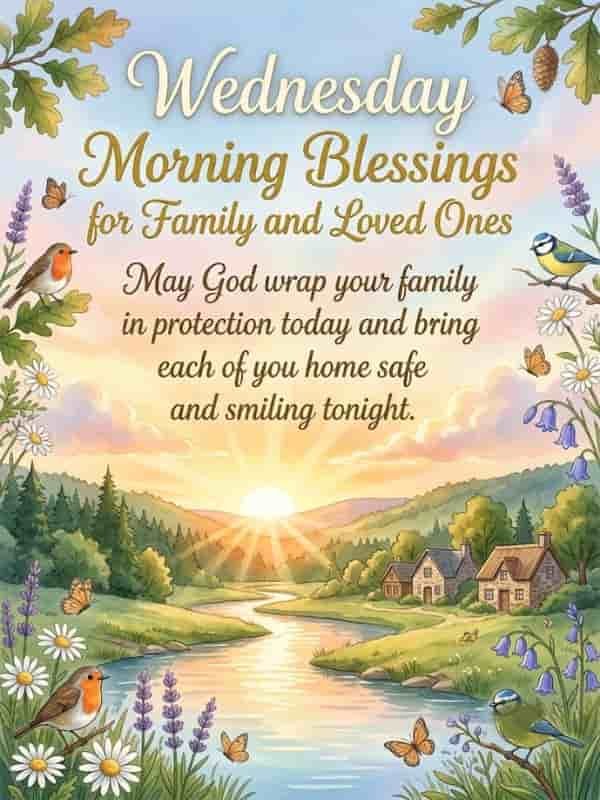 Wednesday Morning Blessings quote card featuring a peaceful sunrise over a winding river, cozy cottages, songbirds, and flowers with protective family blessings text.