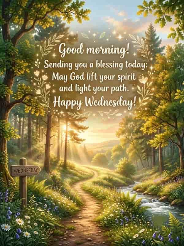 A serene forest path bathed in warm morning sunlight, featuring a wooden sign reading "Wednesday" and decorative floral text that says "Good morning! Sending you a blessing today: May God lift your spirit and light your path. Happy Wednesday!"