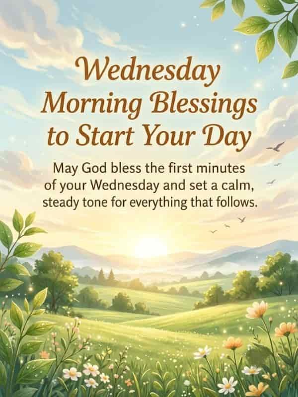 A serene morning landscape with a rising sun illuminating rolling green hills and wild flowers, featuring the text "Wednesday Morning Blessings to Start Your Day" and a prayer for a calm, steady day.