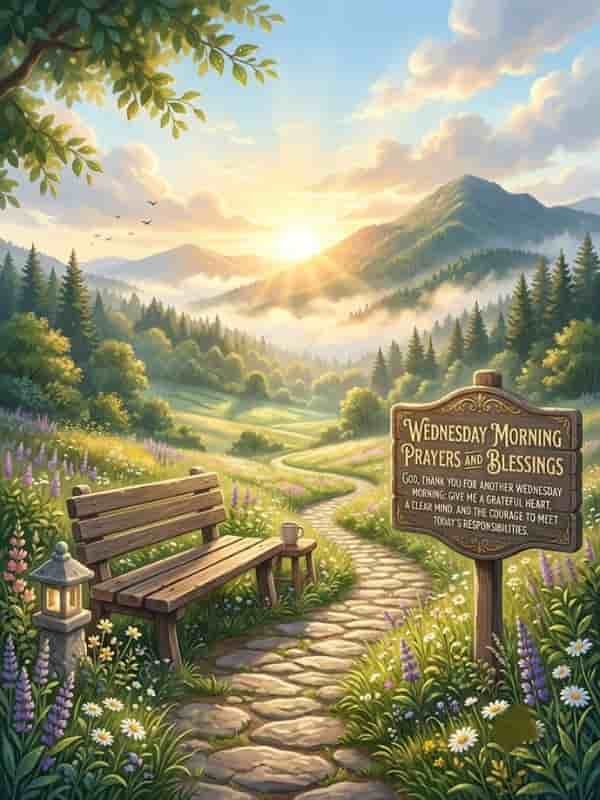 A scenic morning mountain trail with wildflowers and soft sunlight, featuring a wooden sign with a Wednesday prayer for gratitude, clarity, and courage.