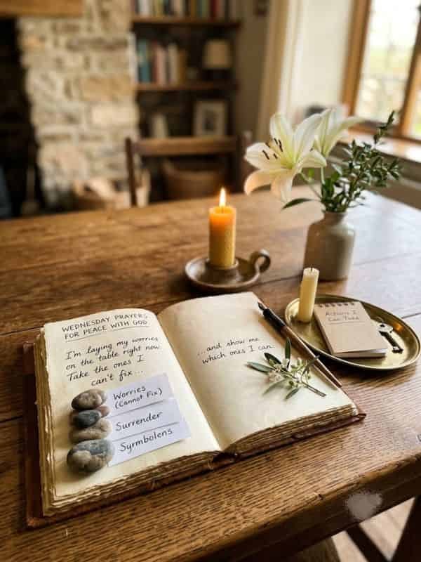 An open journal rests on a wooden table alongside a lit candle, white lilies, and small stones labeled with reflective prayer notes.