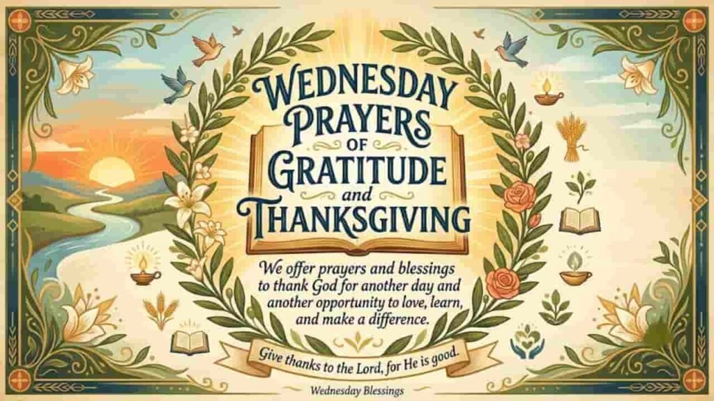 Illustrated graphic featuring the text "Wednesday Prayers of Gratitude and Thanksgiving" set against a serene morning landscape with a rising sun, flowing river, olive wreath, lilies, and doves.