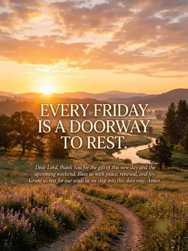 A serene sunrise over a quiet countryside valley bathed in warm golden light, featuring the bold quote "Every Friday is a doorway to rest" above a short prayer of gratitude for peace and renewal.